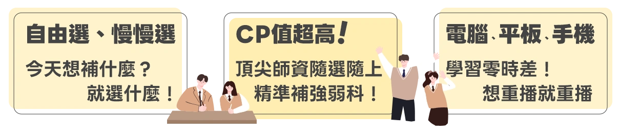 樂學網 100 小時線上課程方案，提供彈性選課、自由規劃學習進度，主權在你！可分批選課補強弱科，平均每小時不到 300 元，CP 值超高。搭配頂尖補教名師，支援電腦、平板、手機，不限次重播。最適合高三學生與重考生的升學衝刺課程。